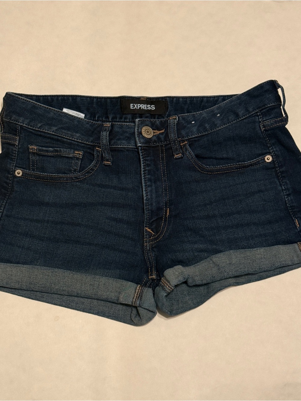 Express Dark Blue Rolled-Hem Denim Shorts